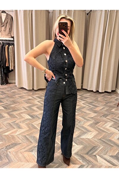 LOKADI Dantel İşlemeli Denim İkili Takım - Halter Yaka Yelek Pantolon Kot Set