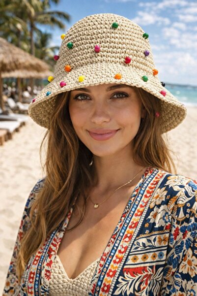 HAZAL KAYA ATELIER Beige Color Bead Detailed Hand Knitted Straw Bucket Women'...