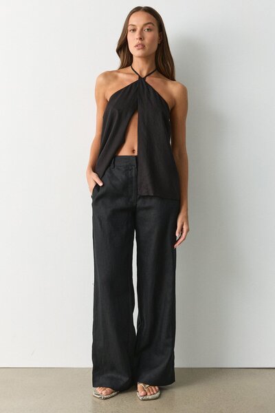 Madmext Μαύρο λινό παντελόνι με ψηλή μέση και φαρδιά μπατζάκια MG2718