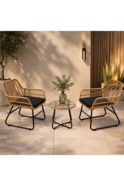 SERSIMO Σετ επίπλων κήπου από ρατάν, 2 καρέκλες με μαξιλάρια, 1 στρογγυλό τρα...