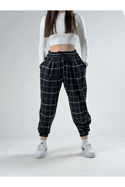 COCOPELLI Μαύρο καρό γυναικείο πλισέ σάλβαρ COCK0045