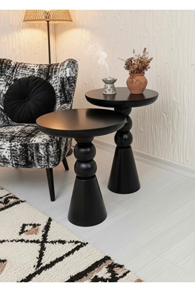 ASELYA HOME Doğal Ahşap 2’li Set Siyah Mantar Yan Sehpa Modern Fiskos Zigon Ç...