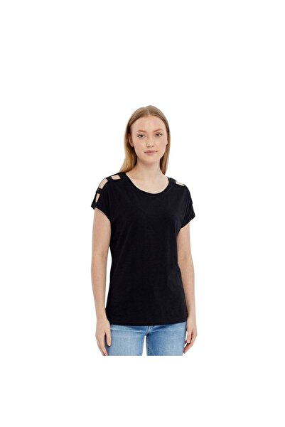 Fashion Friends Μαύρο γυναικείο T-shirt με λεπτομέρεια στον ώμο 26Y0195K1