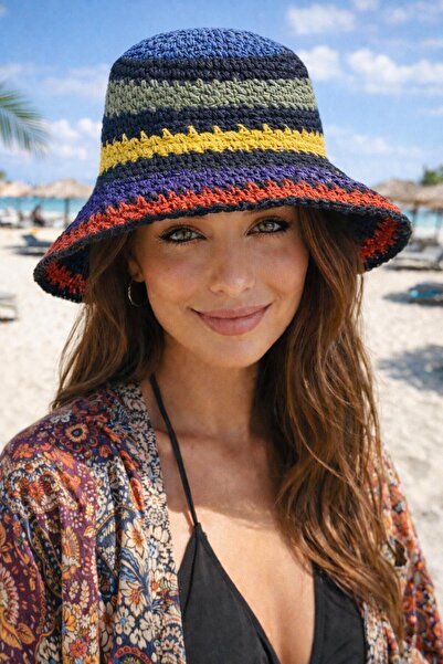 HAZAL KAYA ATELIER Black Striped Colorful Hand Knitted Bucket Women's Hat