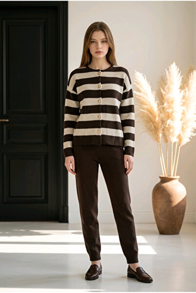 Fix Modalife Women's Striped Crew Neck Gold Buttoned Knitwear Knitted Cardiga...