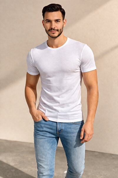 QUHOX Erkek Beyaz Slim Fit Bisiklet Yaka Basic Tişört %100 Pamuk