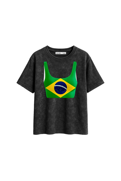CİNEMA MODA Γυναικείο μπλουζάκι Brasil Crop με στάμπα, χαλαρή εφαρμογή, πλενό...