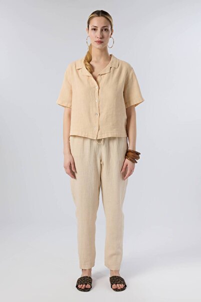 İpekçi Otantik Short Sleeve Linen Women's Shirt with Horizontal Collar