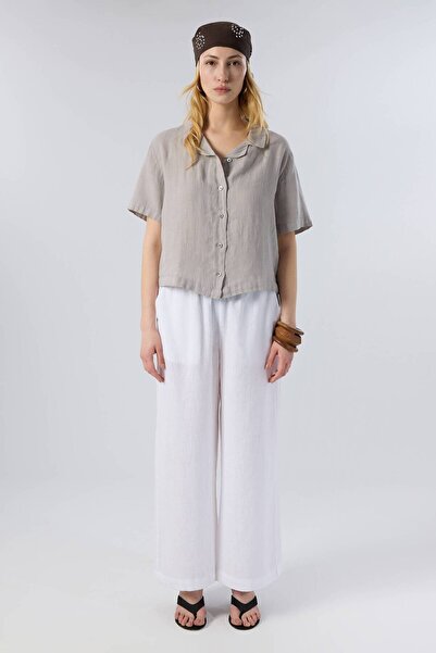 İpekçi Otantik Short Sleeve Linen Women's Shirt with Horizontal Collar