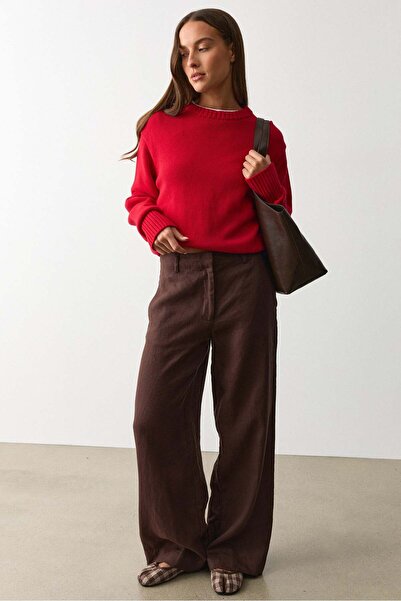 Madmext Καφέ Ψηλόμεσο Λινό Παντελόνι με Φαρδιά Μπατζάκια MG2718