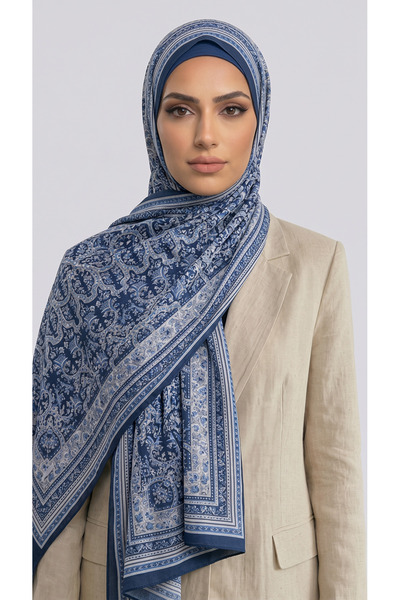 Karaca شال قطني منقوش من PETRA - أزرق داكن / كريمي