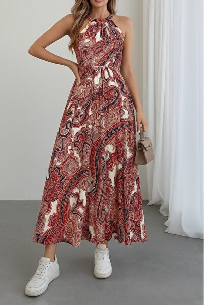 JANES Γυναικείο φόρεμα με γιακά Halter Off-the-Shoulder με ζωνάκι Maxi με σχέ...