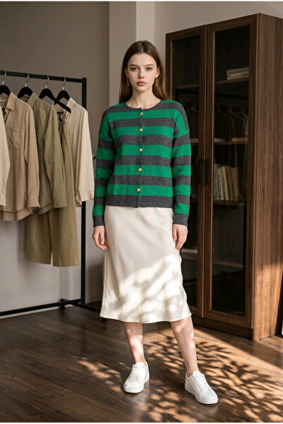 Fix Modalife Women's Striped Crew Neck Gold Buttoned Knitwear Knitted Cardiga...