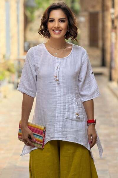 Nevin Kaya Moda Λευκή υφασμάτινη μπλούζα μουσελίνας με χάντρες