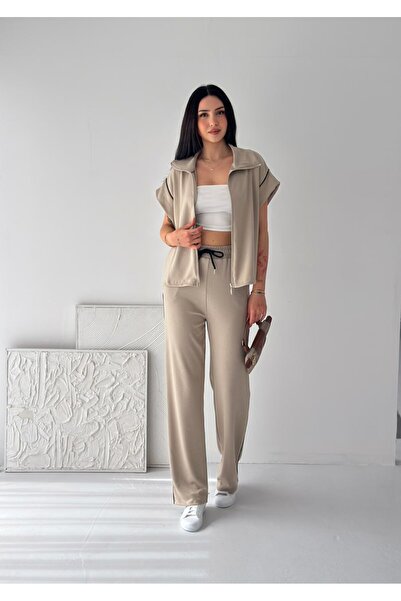 winmoda Γυναικείο σετ γιλέκου από ύφασμα Modal με φερμουάρ, με φαρδιά μπατζάκ...