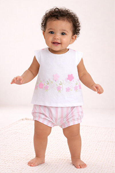 Victor and Jane Infant Girls Floral Top & Pink Stripe Bloomers Set