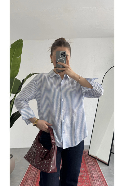 asfamoda Women's Slim Blue Striped Oversize Waist Speed Loose Cut Long Sleeve...