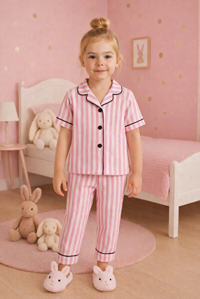 poli foni Pembe Çizgili Kız Çocuk Yazlık Kısa Kollu Pijama Takımı