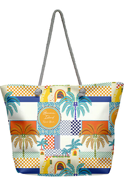 Miami Beach Tropikal Patchwork Desenli Geniş Hacimli Astarlı Kadın Plaj Çantası