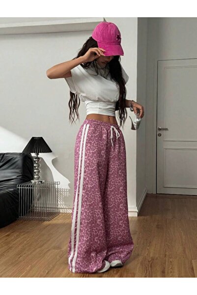 Toum Ροζ Λεοπάρ Φόρμα Παντελόνι με Λεπτομέρεια Διπλής Ρίγας σε Στυλ Y2K