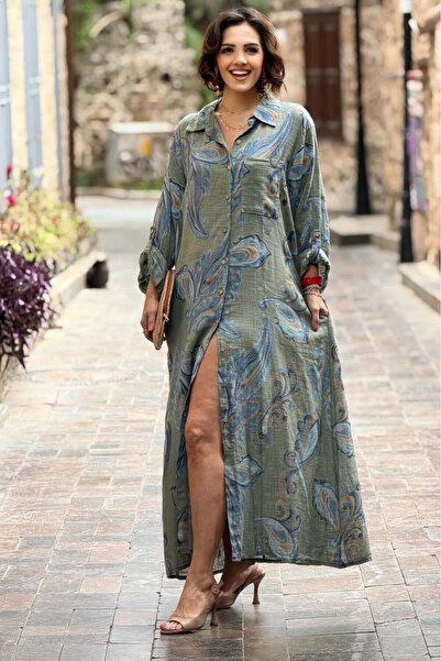 Nevin Kaya Moda Φόρεμα πουκάμισο από λινό με ιταλικό σχέδιο σάλι σε χρώμα χακί