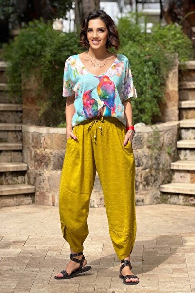 Nevin Kaya Moda Πράσινο παντελόνι μουσελίνας με πιέτες στο τελείωμα