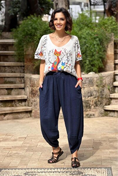 Nevin Kaya Moda Παντελόνι μουσελίνας σε μπλε ναυτικό χρώμα με πιέτες στο τελε...