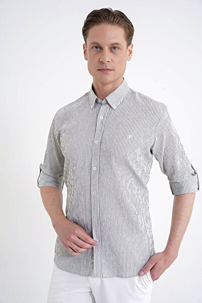 Efor Men's Comfort Fit Foldable Cuff Collar 100% Cotton Khaki Striped Shirt g...