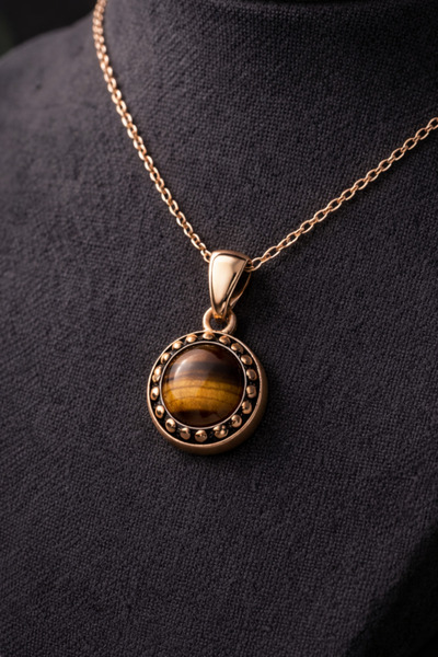 İyyaKee Women's Orange Agate Stone Antique Patterned Copper Necklace Elegant Natural Stone Necklace
