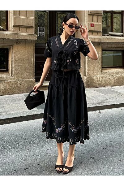 Marjinal Embroidery Detailed Linen Set Lace-Up Top Midi Skirt Bohemian Summer...