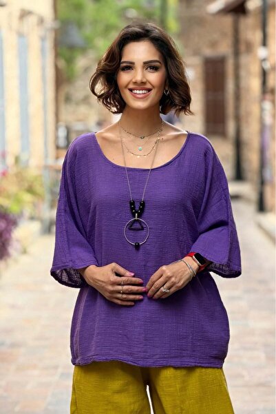 Nevin Kaya Moda Μπλούζα μουσελίνας με δώρο κολιέ σε μωβ χρώμα