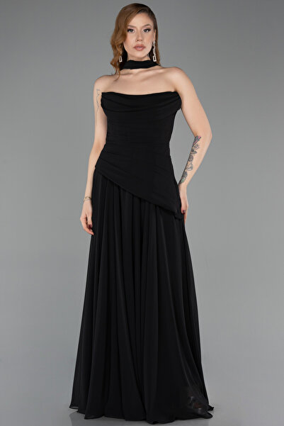 Abiyefon Siyah Straplez Peplum Kesim Uzun Şifon Abiye Elbise ABU5763