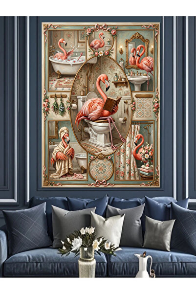 karizmart Banyo Küvetinde Pembe Flamingo Dekoratif Kanvas - Mdf Ahşap Tablo