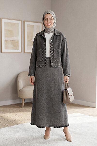 FERHEL Γυναικεία Φούστα με Κέντημα και Λεπτομέρειες, με Τσέπες και Κουμπιά, Τ...