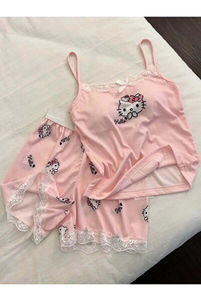 8line Pink Kitty Lace Detailed Top and Bottom Set