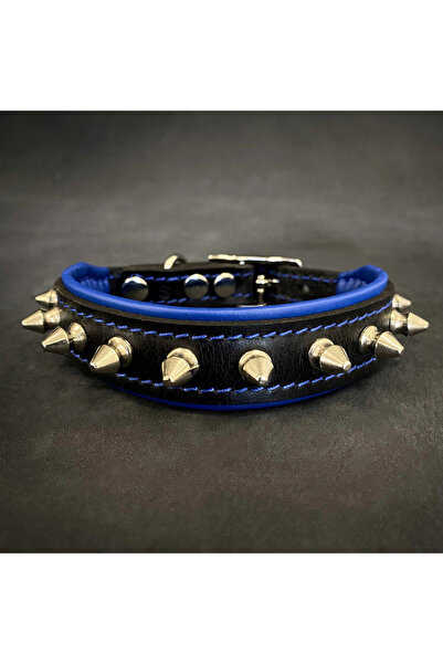 Bestia Spiky Collar, Natural Leather , M: 30-35 cm, Blue