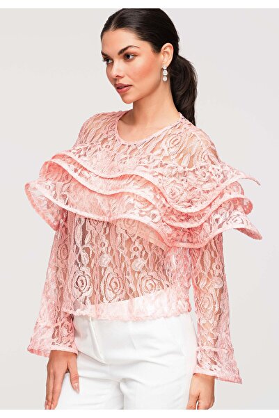 OMBRE Dámske Blúzky elegantné čipkované OW-TS-E0036 Ružová