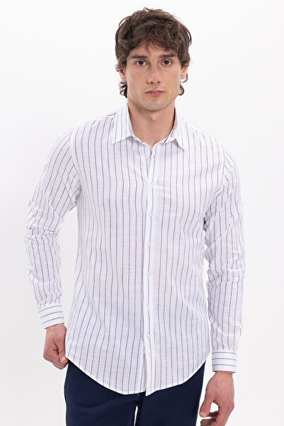 Tudors Men's Slim Fit Slim Fit Long Sleeve 100% Cotton Linen Texture Striped ...