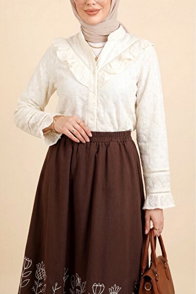 Modamorfo Πουκάμισο από βουάλ με κεντημένα βολάν στα μανίκια και το γιακά - μπεζ