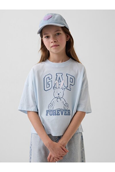GAP Kız Çocuk Açık Mavi Oversized Grafik Logo T-Shirt