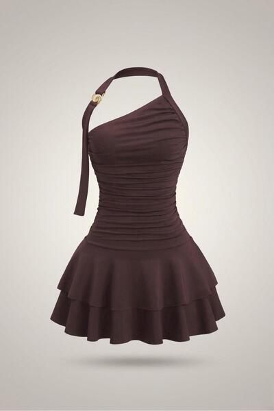 Rora Μπορντό Μίνι Φόρεμα με Ντραπέ και Βολάν – Κομψό Φόρεμα για Επίσημες Περι...