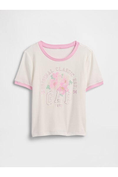 GAP Kız Çocuk Beyaz Ringer Grafik Baskılı T-Shirt