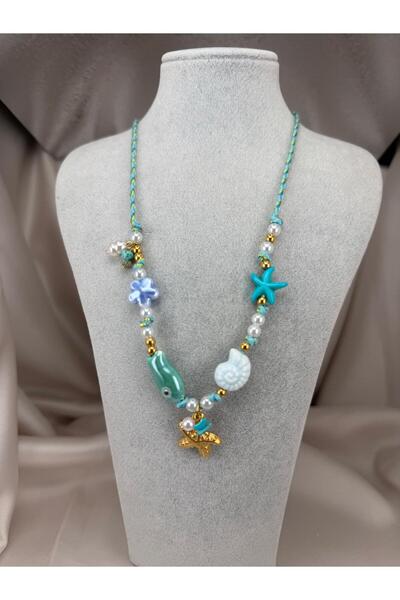 ZS Aksesuar Turquoise Sea Themed Necklace with Natural Stone and Starfish Fig...