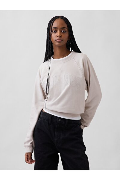 GAP Kadın Kırık Beyaz Fransız Havlu Kumaş Raglan Logo Sweatshirt
