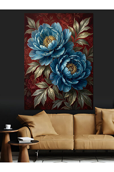 Artmeg Blue Flowers and Red Background Decorative Canvas - Mdf Wooden Table