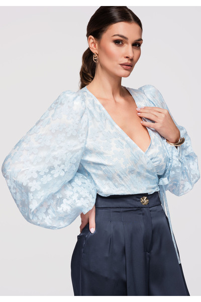 OMBRE Women's Elegant Blouse OW-TS-E0035 with Tie at the Waist Blue