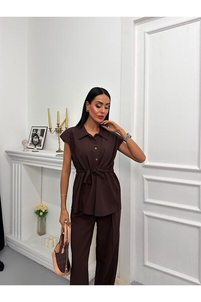 mylunessa Γυναικείο σετ με βαμβακερά ώμους, καφέ χρώμα, κανονική εφαρμογή, με...