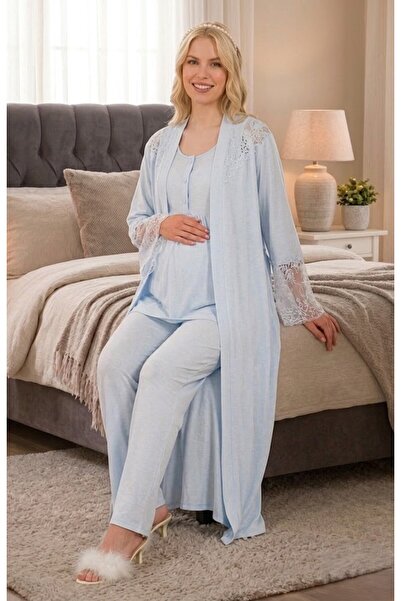 Pelin Women's Long Dressing Gown with Lace Detail, Maternity 3-Piece Pajama Set