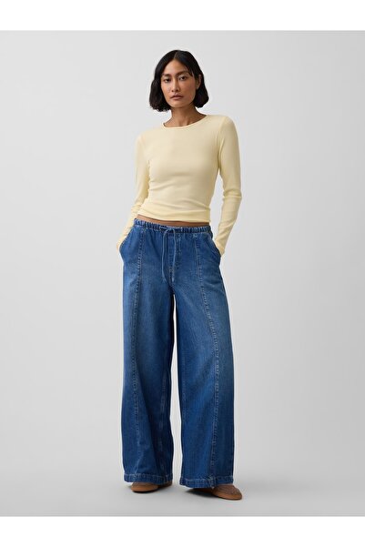 GAP Kadın Mavi Mid Rise UltraSoft Easy Seamed Baggy Jean Pantolon