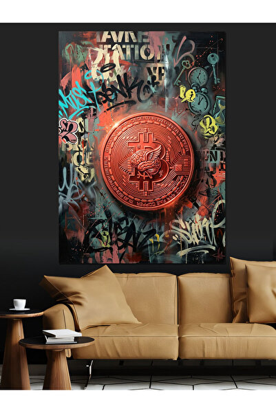 Artmeg Imagine decorativă din pânză cu pictogramă roșie Bitcoin pe perete cu ...